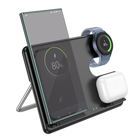 Беспроводное зарядное устройство Hoco CQ2 3-in-1, Quick Charge, черное, USB тип-C, 15 Вт, раскладное, настольный, SAM watch, #6942007602327 Превью 1