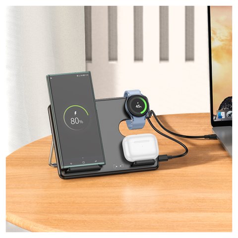 Беспроводное зарядное устройство Hoco CQ2 3-in-1, Quick Charge, черное, USB тип-C, 15 Вт, раскладное, настольный, SAM watch, #6942007602327 Превью 2