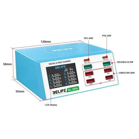Mains Charger RELIFE RL-309A, (100 W, Power Delivery (PD), with LCD, 8 ports) Preview 4