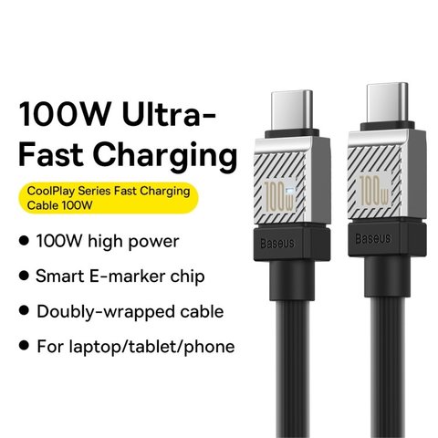 USB Cable Baseus Coolplay Series, (2xUSB type-C, 200 cm, 100 W, black, silicone) #CAKW000301 Preview 2