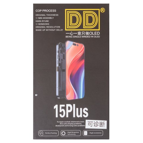 Pantalla LCD puede usarse con iPhone 15 Plus, negro, con marco, HC, sin error, (OLED), DD-OLED OEM soft, diagnosable Vista previa  1