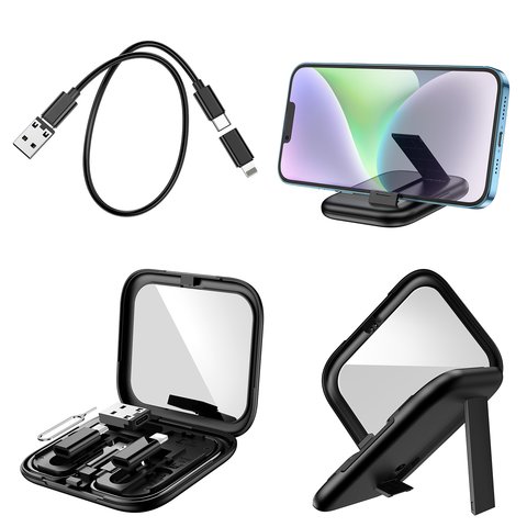 USB кабель Hoco U114, USB тип-C, USB тип-A, micro-USB тип-B, Lightning, 2xUSB тип-C, 28 см, 60 Вт, 3 A, чорний, з коробкою для зберігання, з дзеркалом, з адаптерами, 6 в 1, #6931474790750 Прев'ю 1