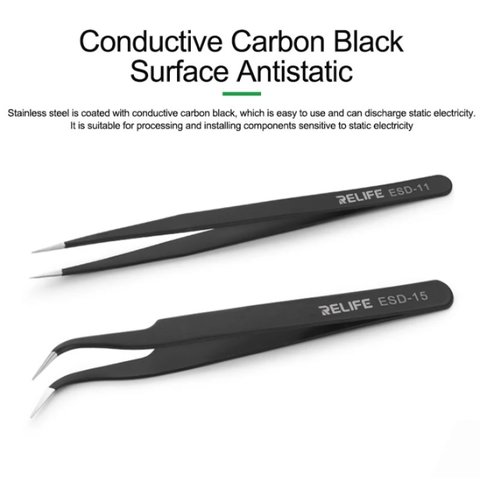 Пінцет монтажний RELIFE ESD-15, вигнутий, антистатичний, 120 мм, чорний Прев'ю 2