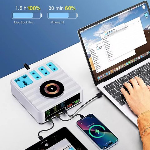 Мережевий зарядний пристрій Kingmax WLX-H13, 140 Вт, Wireless Charge, Quick Charge, Power Delivery (PD), з розеткою, 5 портів, 10 in 1 Прев'ю 7