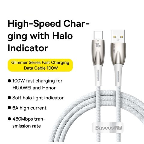 USB кабель Baseus Glimmer, USB тип-C, USB тип-A, 100 см, 100 Вт, белый, в нейлоновой оплетке, #CADH000402 Превью 1